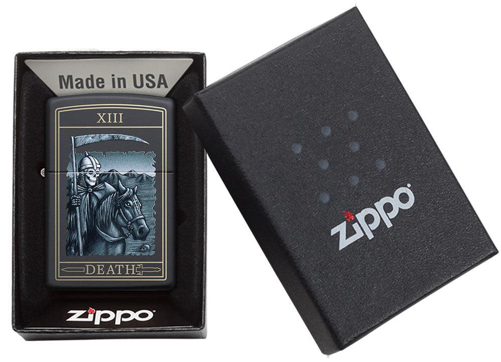 Front view of the Death Card Design Lighter in one box packaging